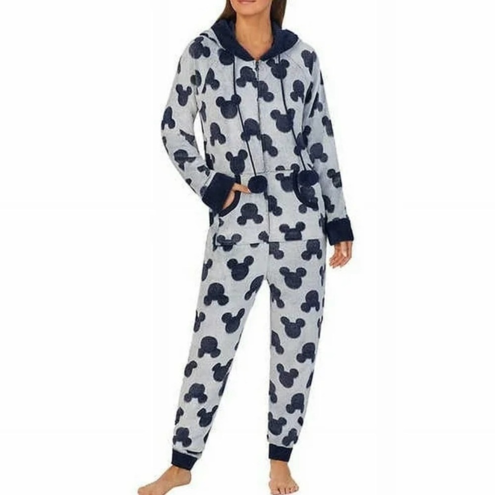 Disney Women's Mickey Mouse Hooded One Piece Zip Up Fleece Pajamas Blue M